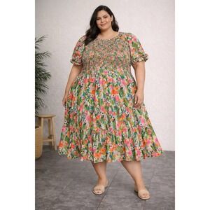 Ivy City Co. Delia Pink Floral Midi Dress Size 4X  XXXXL Easter Flower Summer